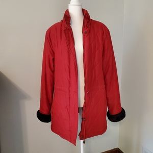 Talbots Red Coat Jacket with Black Faux Fur Trim Cuffs Size Medium